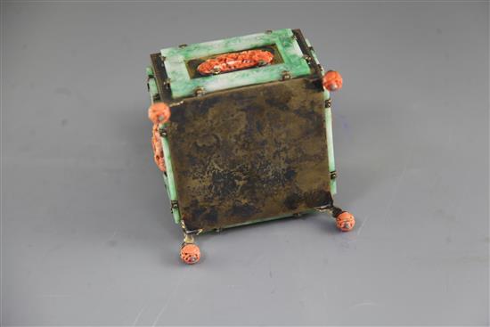 A Chinese jadeite and coral mounted silver-gilt trinket box, 10.1 x 10.1cm. height 9cm